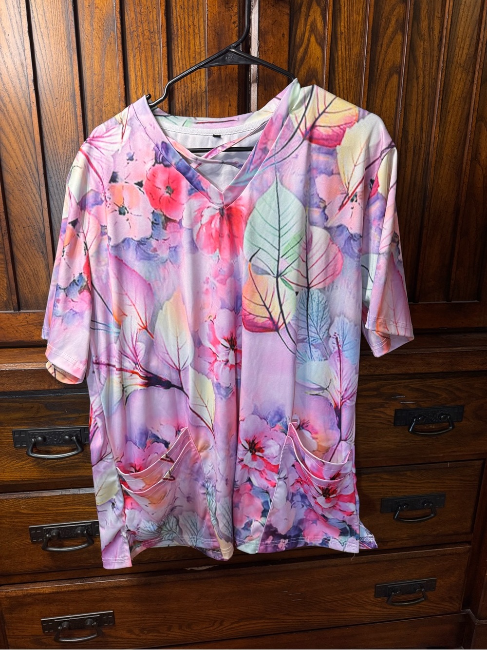 V-Neck Floral Watercolor Short Sleeve Scrub Top- Pink Multi